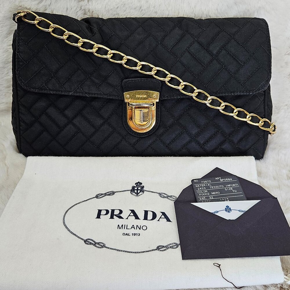 PRADA Black Woven Tessuto Chained Shoulder Bag